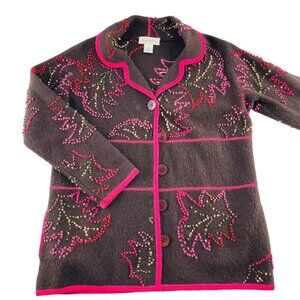 Susan Bristol Womens Large Hand Embroidered Wool Blend Brown Cardigan With Pink